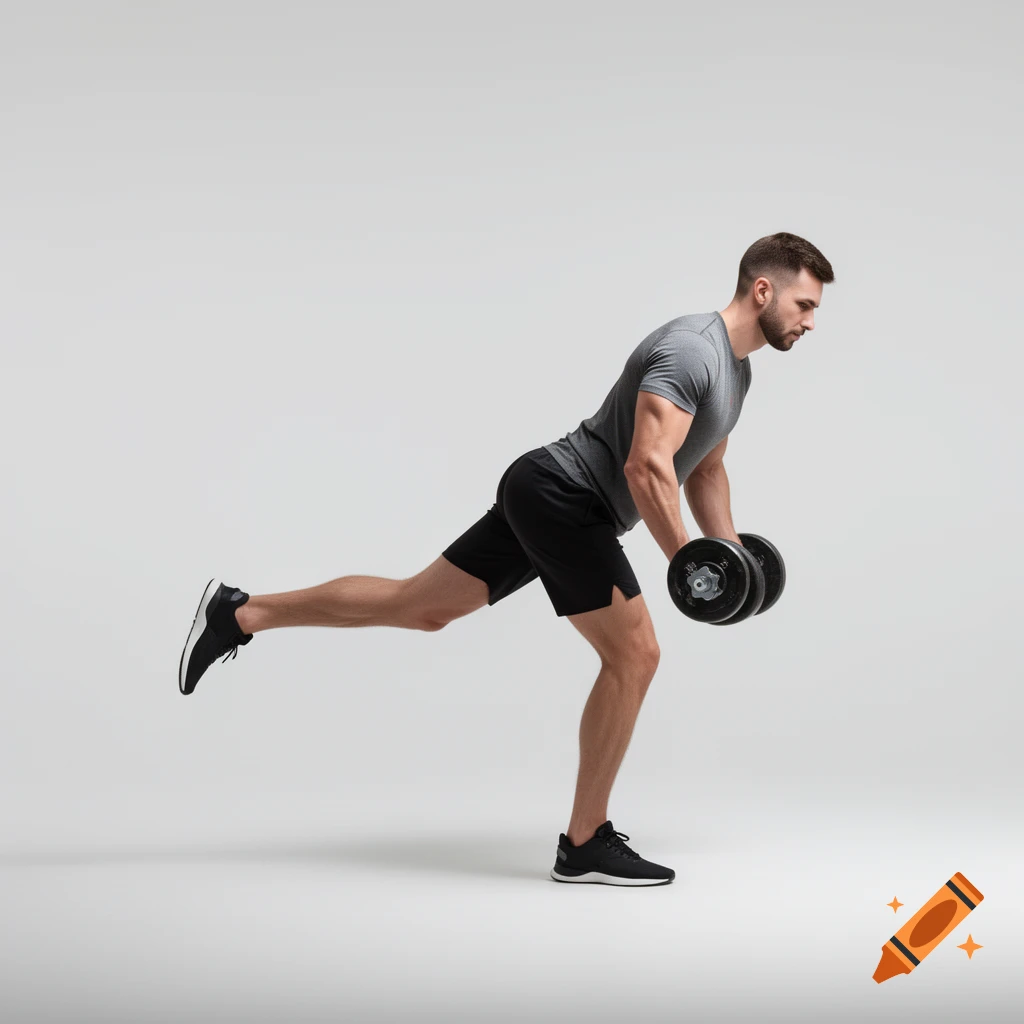 A muscular man in athletic wear performs a single-leg deadlift with a dumbbell on a plain light background.