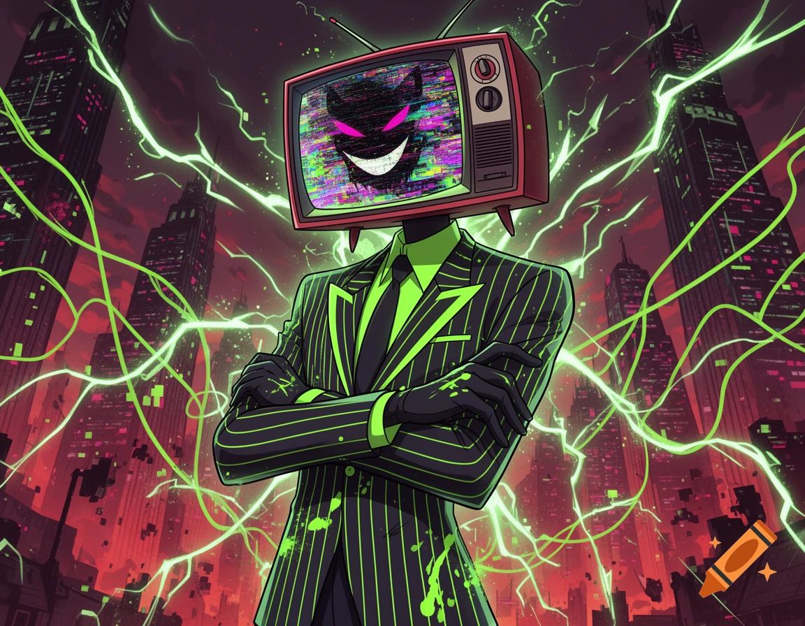 A cartoon character with a retro TV head displaying a glitchy demon face, wearing a pinstripe suit, with green lightning in a dark city.