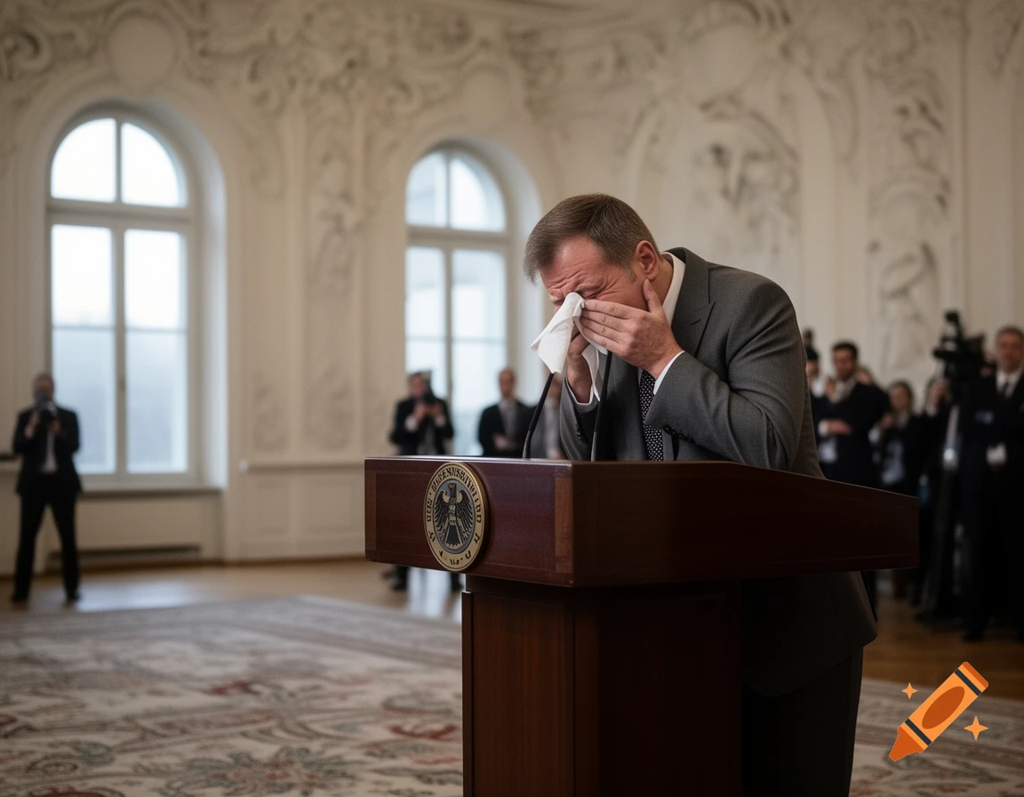 A man in a suit cries into a tissue at a wooden podium in a grand hall, with observers and large windows in the background. Photorealistic.