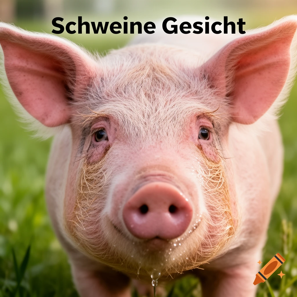 Close-up photorealistic shot of a pink pig's face with light fur and a large snout, water dripping from its chin. German text 'Schweine Gesicht' is above.