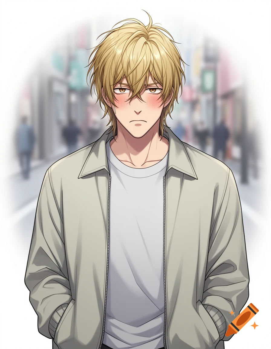 Anime illustration of a shy blonde man with flushed cheeks, wearing a light jacket, standing on a blurred city street.