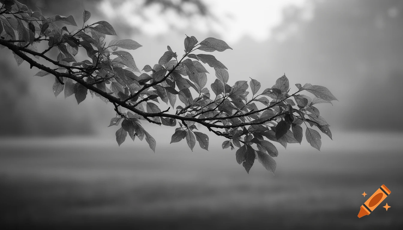 A black and white close-up of a tree branch with numerous detailed leaves, set against a soft, light-filled background.