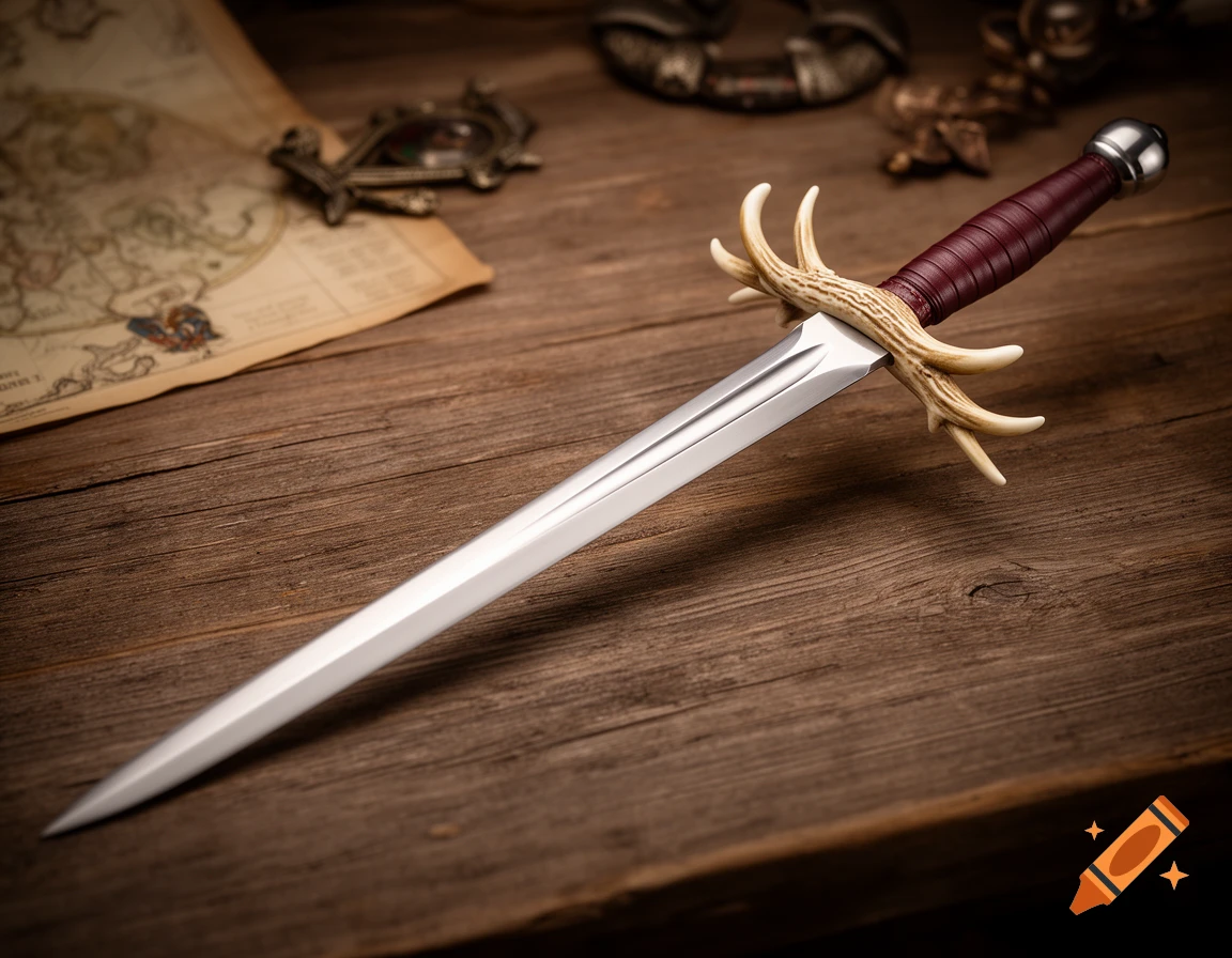 A detailed dagger with an antler crossguard and maroon hilt on a wooden table, next to a blurred map.