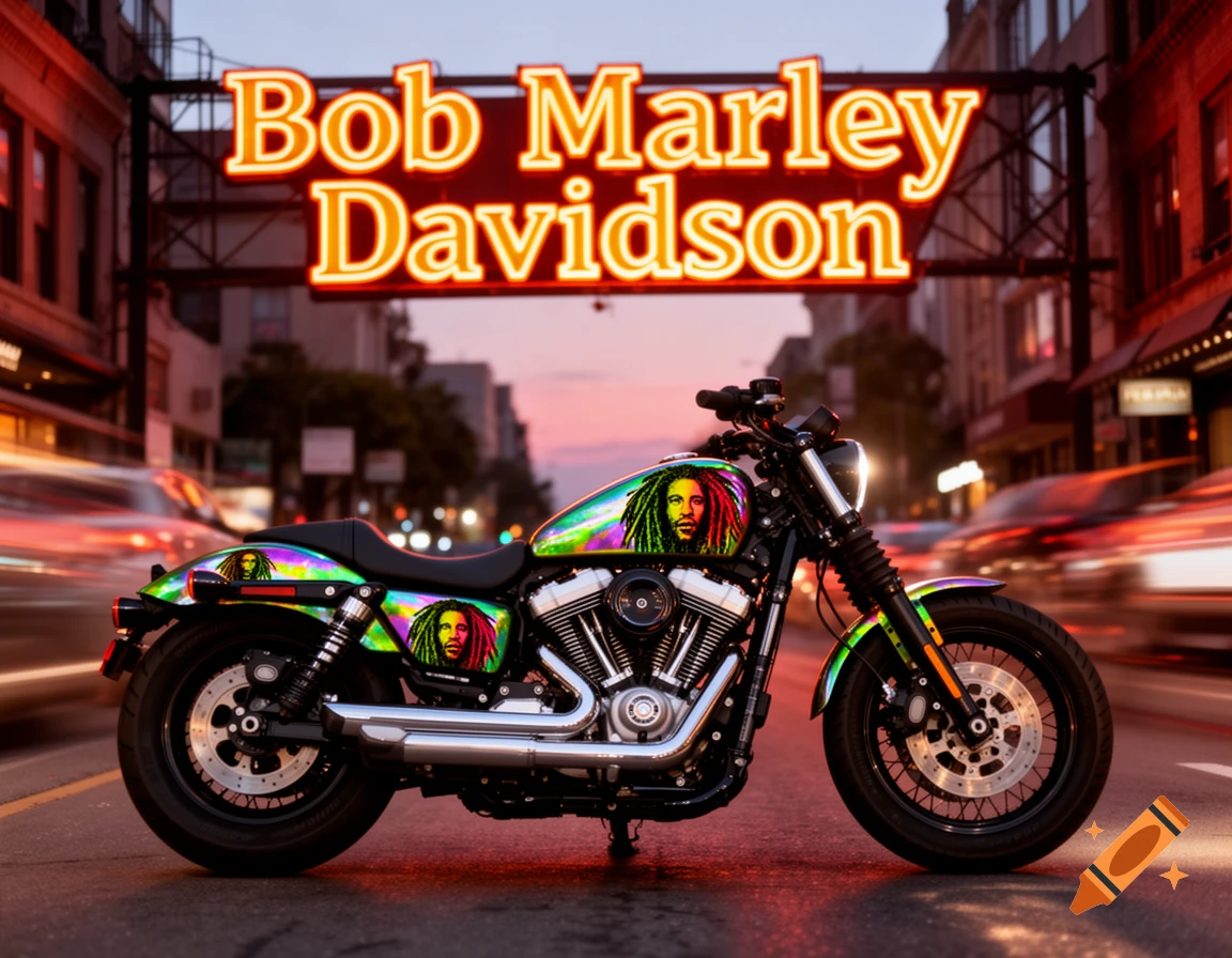 A custom motorcycle with iridescent paint and Bob Marley portraits on the tank and fenders, parked on a city street under a neon sign that reads 'Bob Marley Davidson' at dusk with motion-blurred cars.