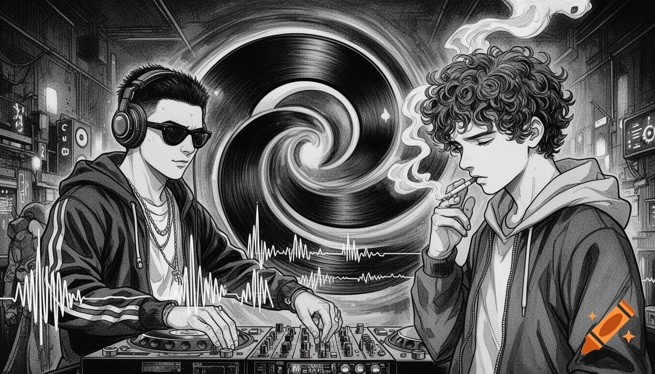 Manga-style ink illustration of a DJ with headphones and sunglasses at turntables, and a man smoking with curly hair, against a backdrop of a swirling vinyl record and cyber-urban elements.