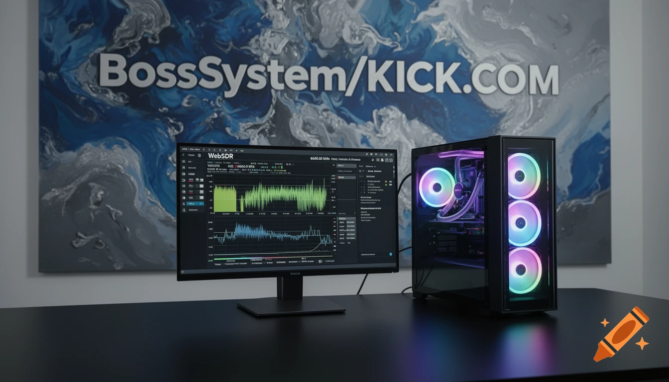 A computer setup with a monitor displaying WebSDR software and a clear PC tower with RGB fans, against a blue and gray abstract background banner.