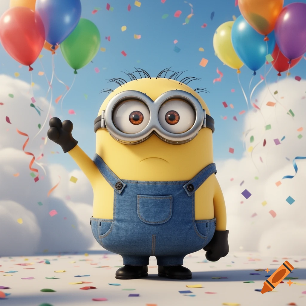 A Minion wearing goggles and denim overalls stands outside amidst falling confetti and colorful balloons against a blue sky.
