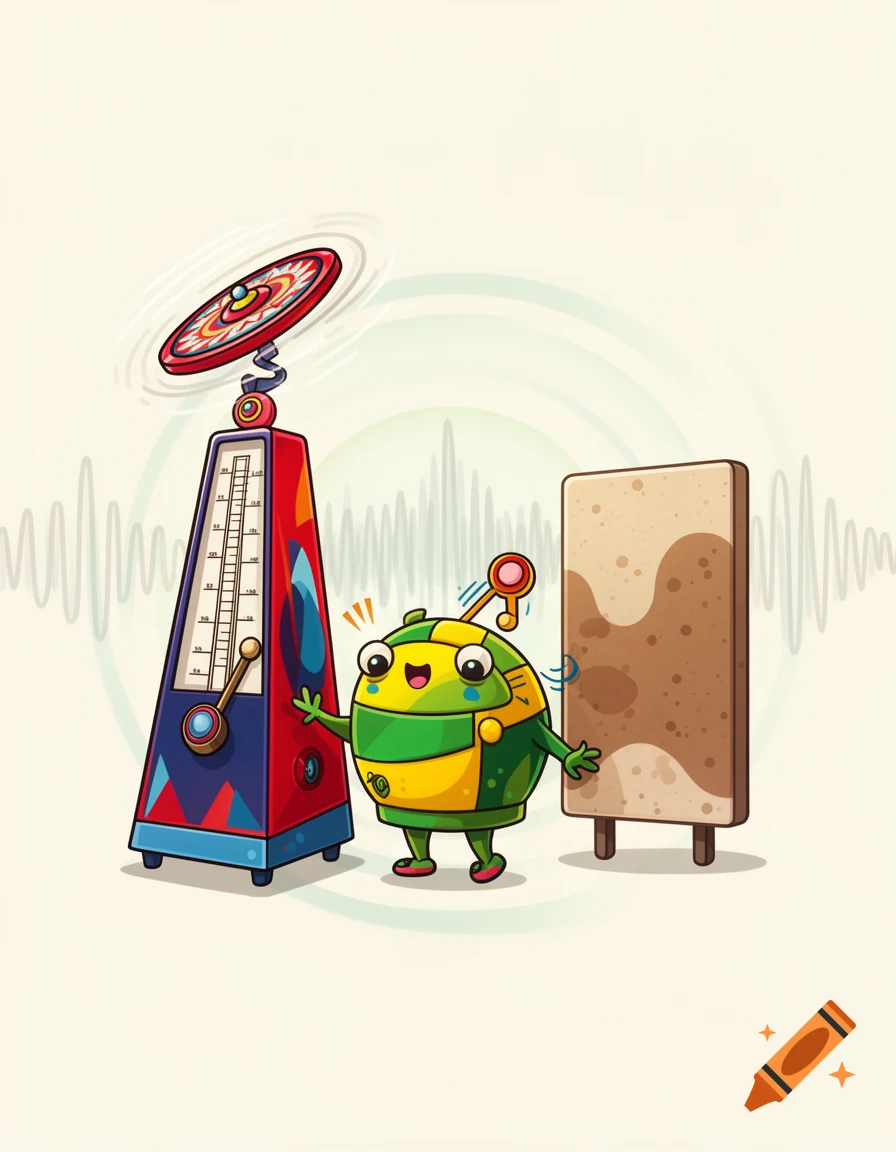 A minimalistic cartoon illustration of an electric metronome with a spinning disc, a happy green and yellow robot-like character, and a brown acoustic panel on a light background with sound waves.