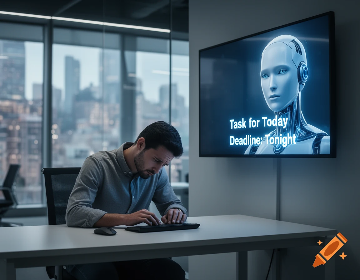 A sad man works at a desk, while a screen shows a robotic AI and text: 'Task for Today. Deadline: Tonight.' Modern office with city view.