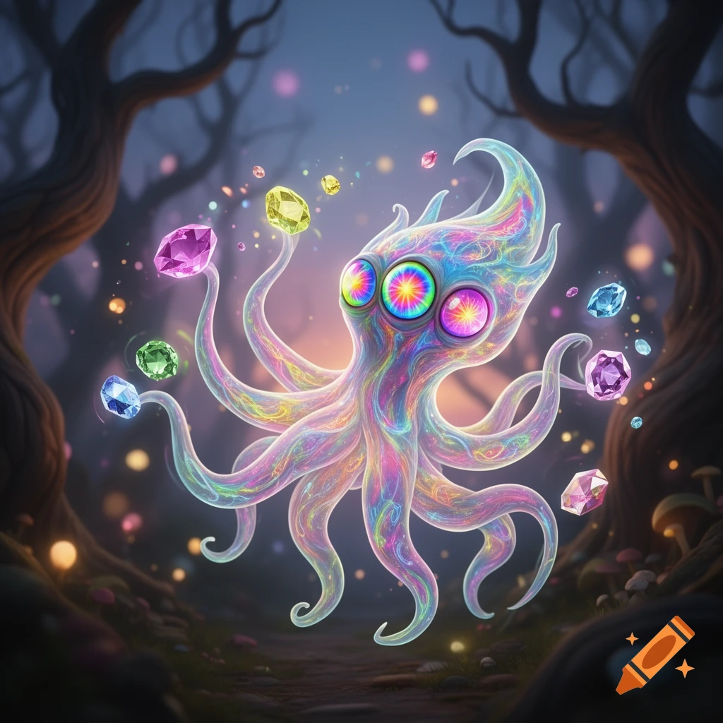 A glowing, rainbow-colored octopus-like monster with multiple eyes floats in a dark fantasy forest, surrounded by colorful gems.