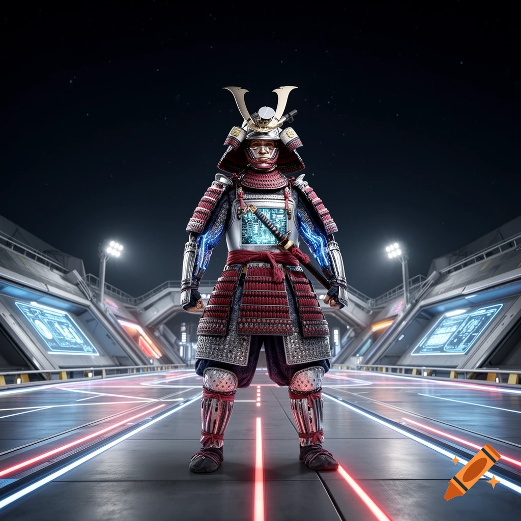 A futuristic samurai warrior in intricate cybernetic armor stands on a glowing launchpad with digital screens.