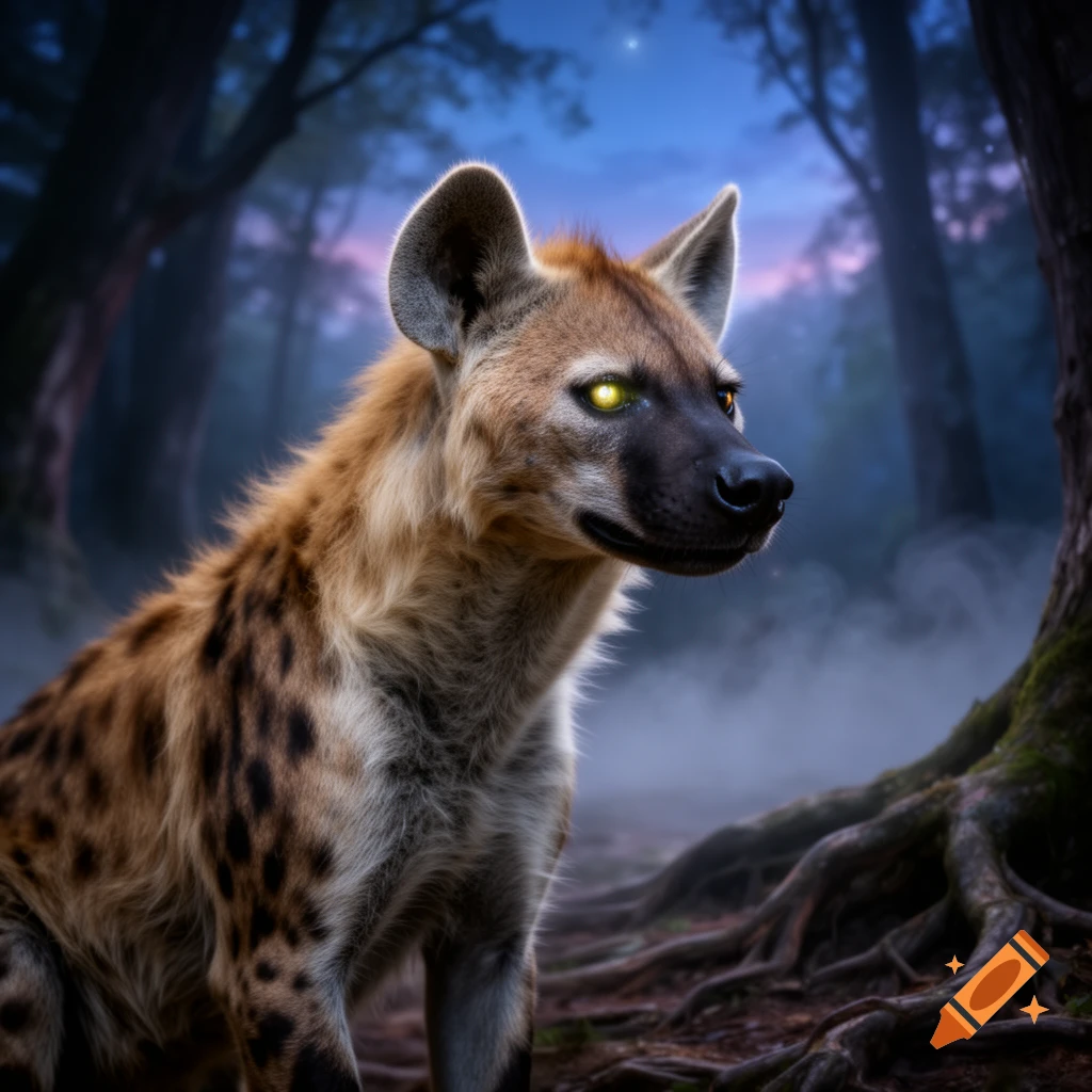 A fantasy-style close-up of a spotted hyena with glowing yellow eyes in a dark, misty forest at twilight.