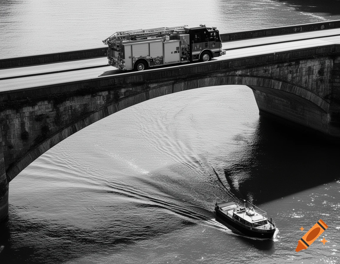High-angle black and white photograph of a fire truck on an arched bridge over a river with a boat passing underneath.