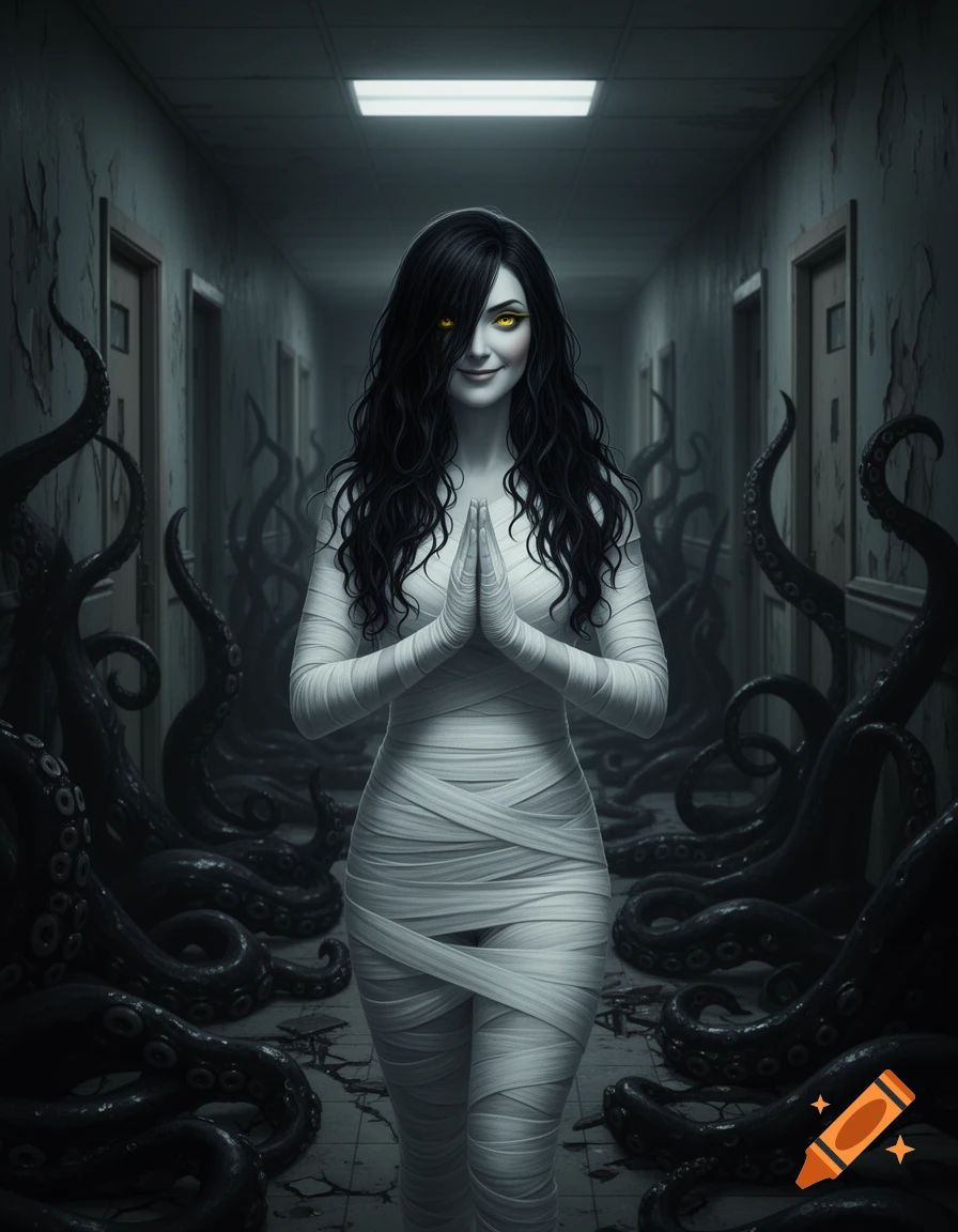 Mummy ghost woman with long black hair and glowing yellow eyes stands with folded hands in a tentacle-filled asylum hallway, horror style.