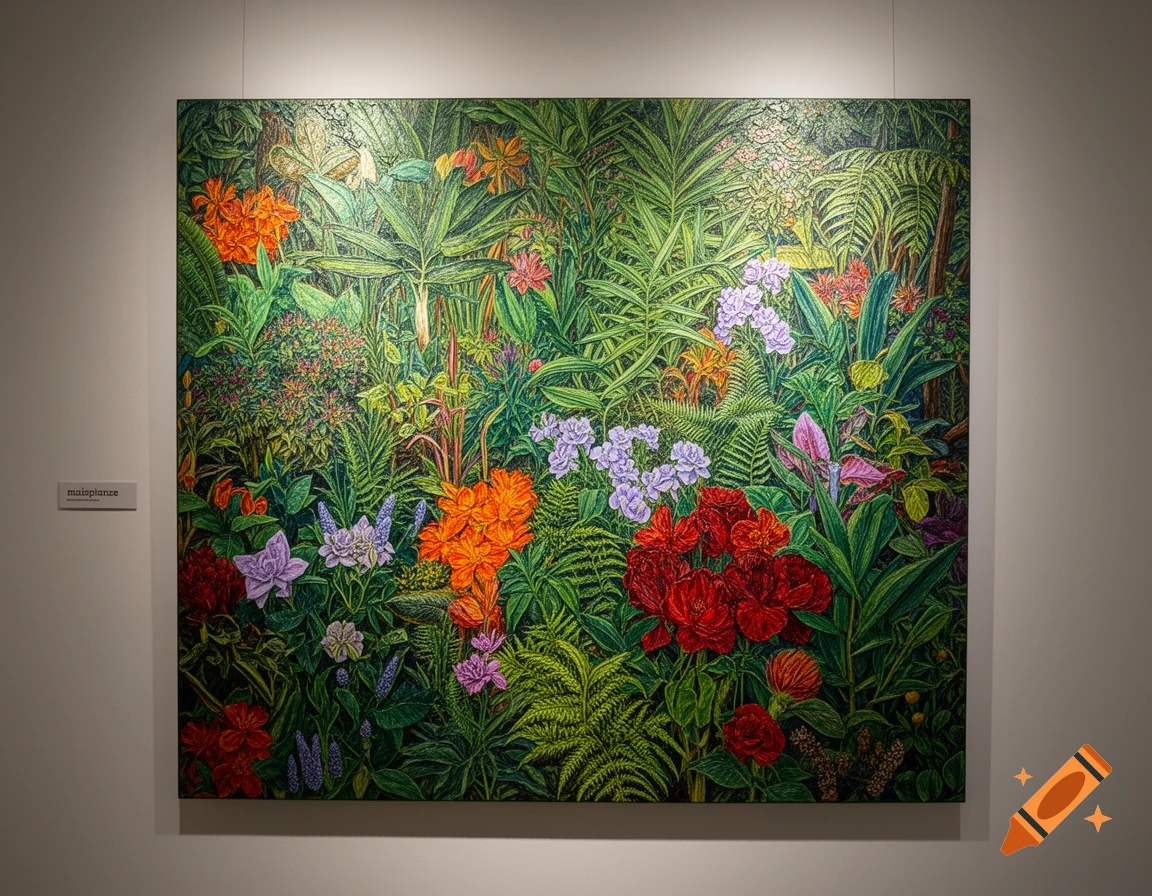 A vibrant painting of lush tropical plants and colorful flowers, displayed in an art gallery.