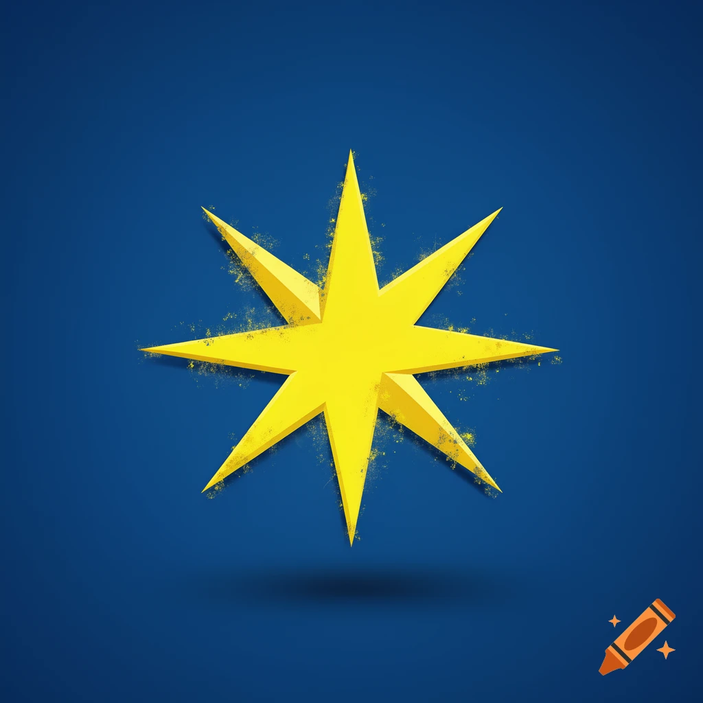 A bright yellow eight-pointed star, with subtle sparkling effects, centered on a deep blue background.
