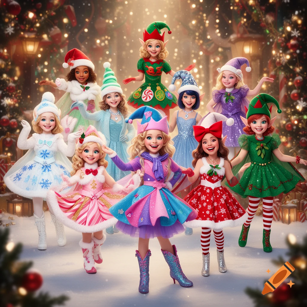 A group of cheerful, diverse cartoon elf girls in colorful, festive Christmas outfits and hats stand in a snowy, decorated village with twinkling lights.