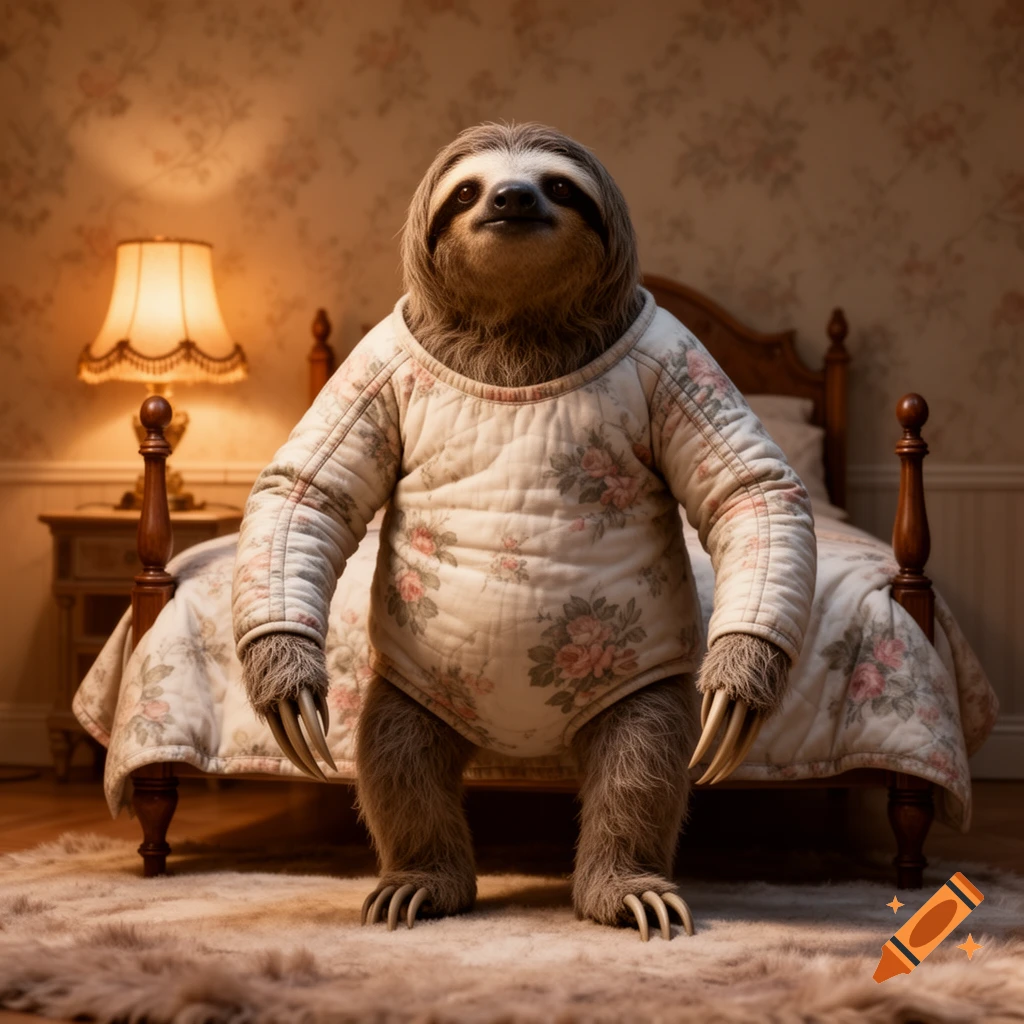 A photorealistic sloth wearing a quilted floral romper stands on a rug in a bedroom with a bed and lamp.