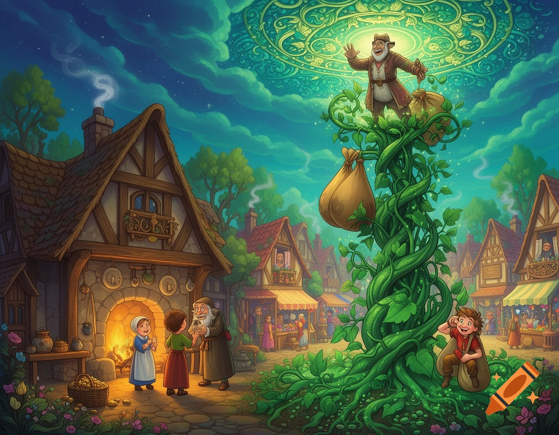 Vibrant storybook illustration of Jack and the Beanstalk, showing a giant on a beanstalk and villagers below in a magical town.