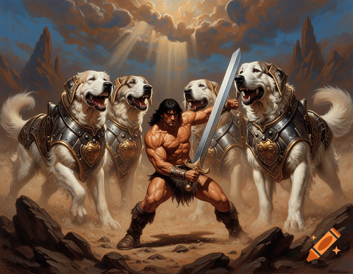 A Frazetta-style painting of Conan the Barbarian with a sword, flanked by four armored Great Pyrenees dogs in a rocky landscape.