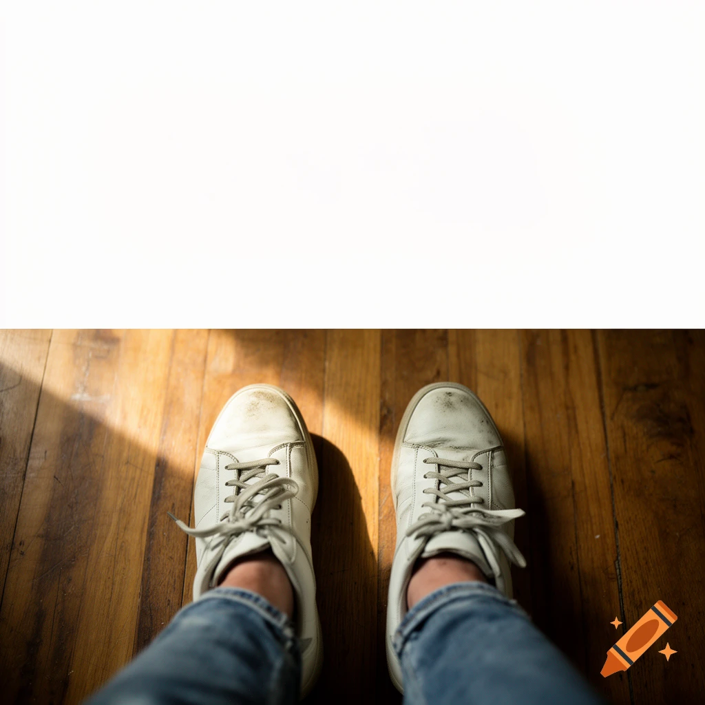 A low-angle view of worn white sneakers and blue jeans on a sunlit hardwood floor, with a blank white space.