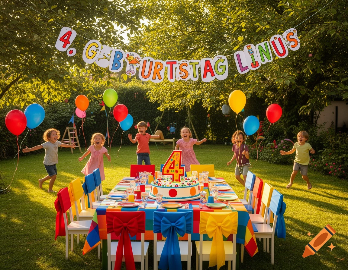 Children playing barefoot at an outdoor birthday party with balloons, a cake, and a banner reading '4. GEBURTSTAG LINUS' in a sunny garden.