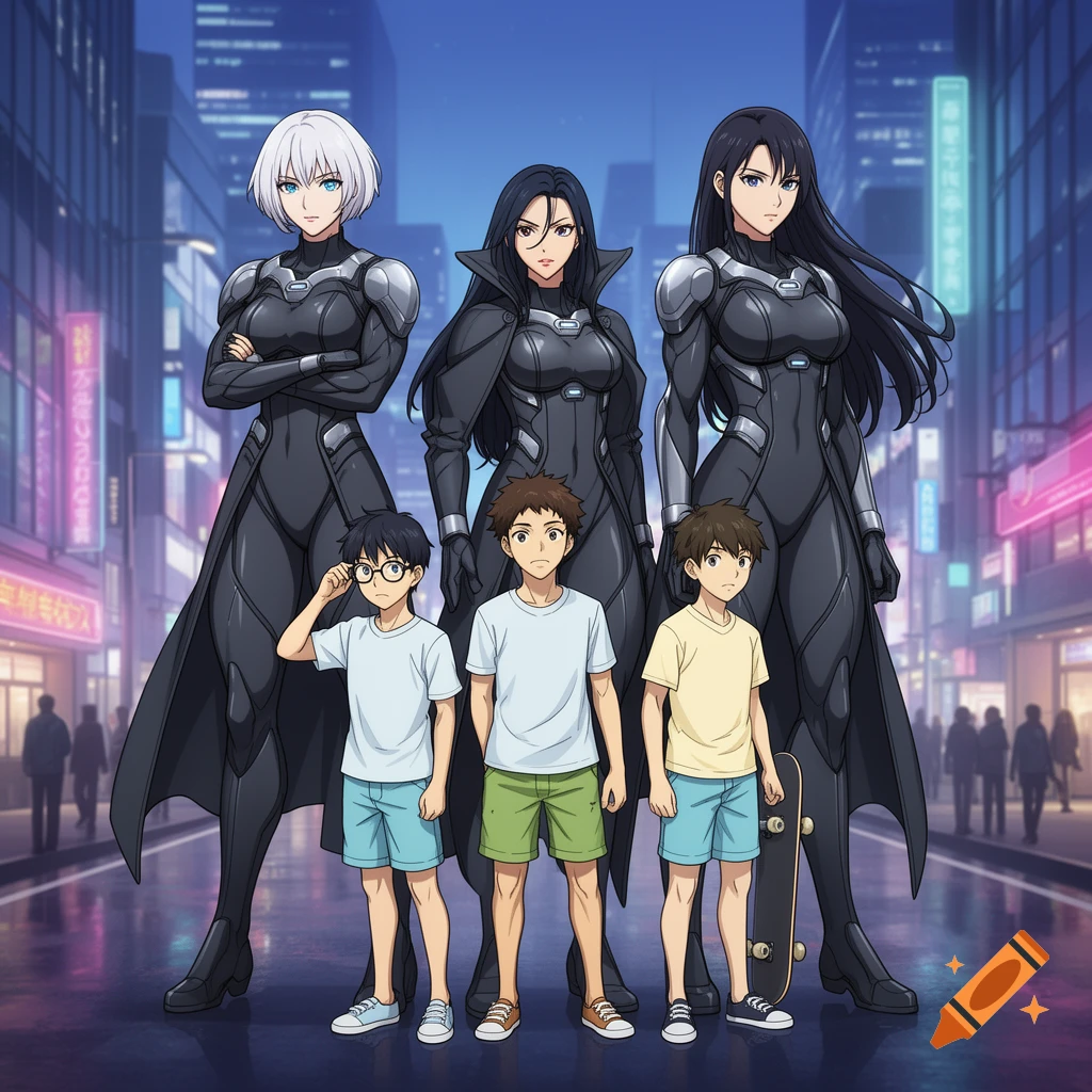 Three tall anime women in black armored suits stand with three smaller anime boys on a city street at night.