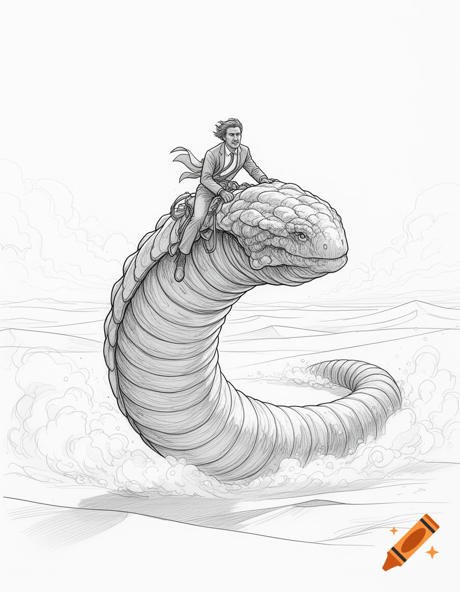 Line drawing of a man in a suit riding a giant, segmented worm through a desert landscape with swirling dust.