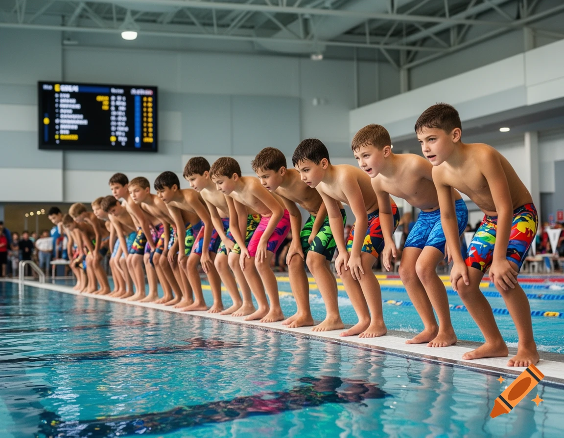 A line of young boys in swim trunks stands poised at the edge of an indoor swimming pool, ready for a race.