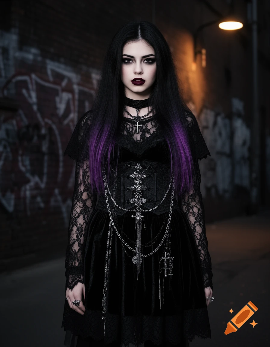A goth woman with long black hair and purple streaks, wearing a black lace and velvet dress with intricate silver chains, stands in a dark alley.