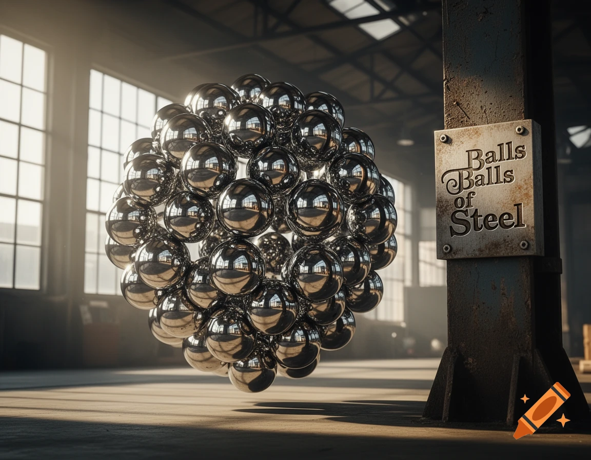 A large cluster of reflective steel spheres floats in an industrial warehouse, next to a pillar with a 'Balls of Steel' sign.