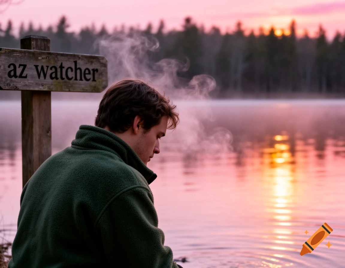 A man in a green jacket sits by a misty lake at sunset, with a sign reading 'az watcher' on the left.