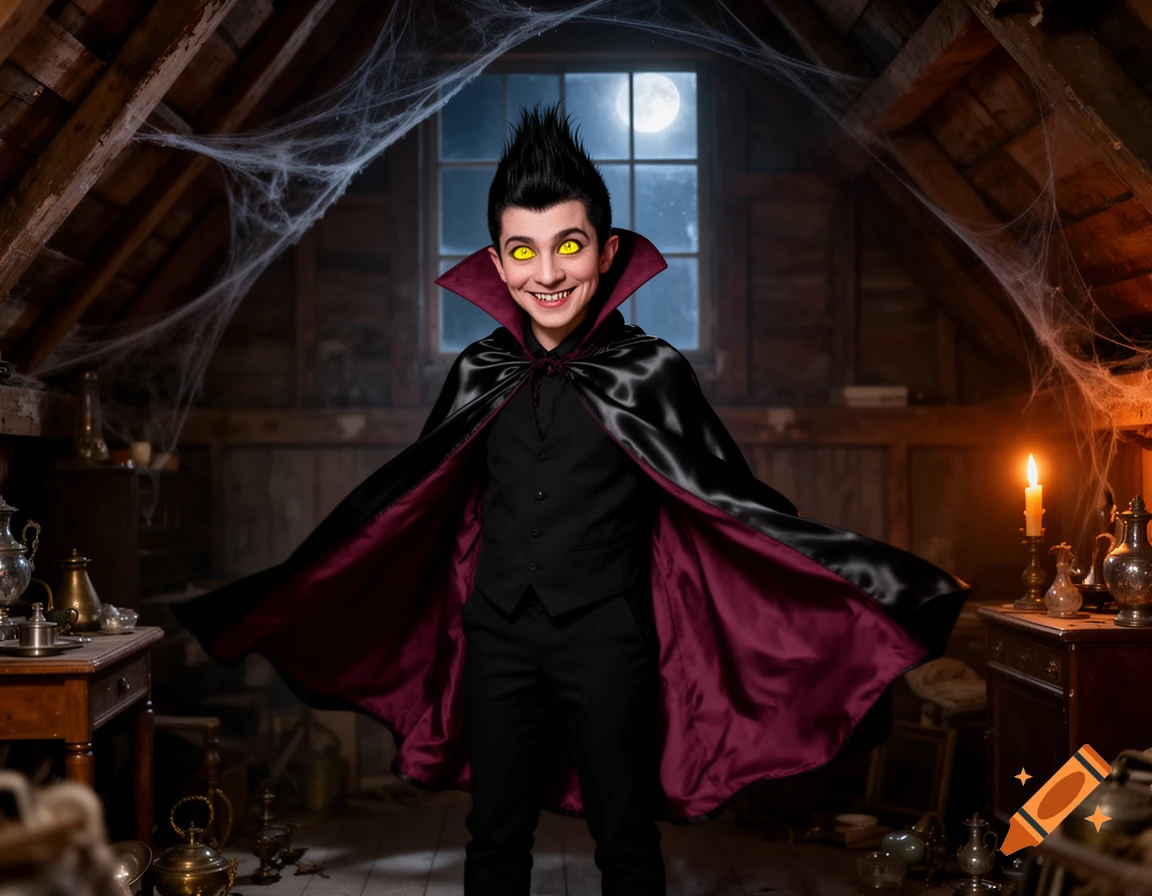 A young boy dressed as a goofy vampire with yellow eyes, spiky hair, and a black and red cape, grinning in a dusty attic under a full moon.
