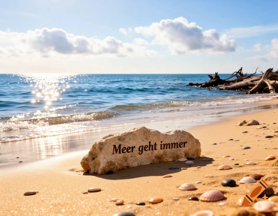 Photorealistic image of a sunny beach with a rock bearing the text 'Meer geht immer' in the sand, sparkling ocean, and blue sky.