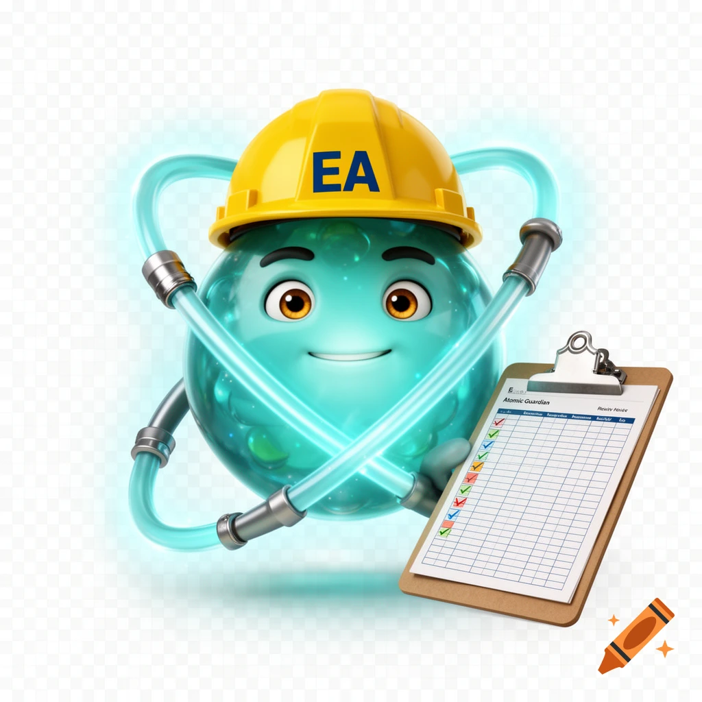 A friendly, semi-cartoon atomic mascot with a glowing teal-blue body, wearing a yellow hard hat labeled "EA," holding a clipboard with "Atomic Guardian" title on a transparent background.