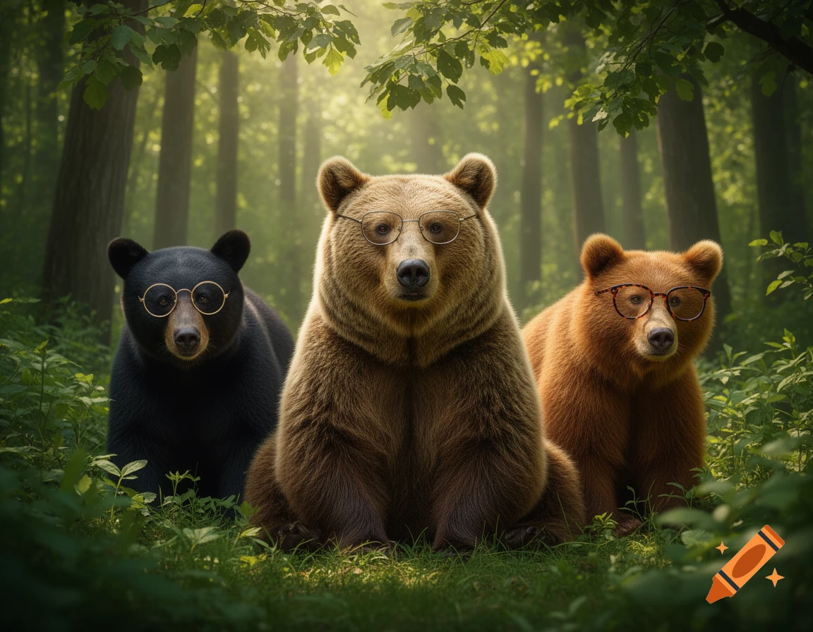 Three bears, a black bear, a brown bear, and a reddish bear, all wearing round glasses, sit in a lush forest.