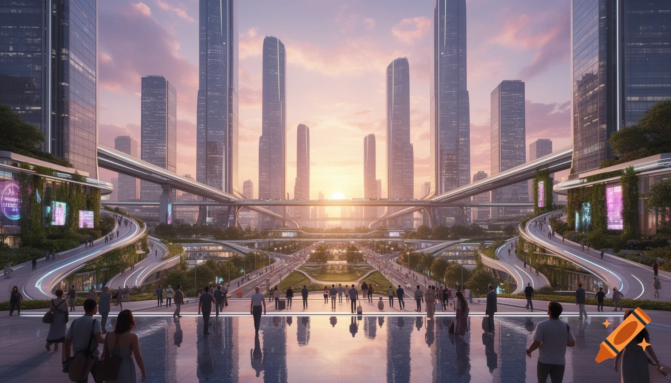 A photorealistic futuristic cityscape at sunrise with towering skyscrapers, elevated walkways, and people on a reflective plaza.