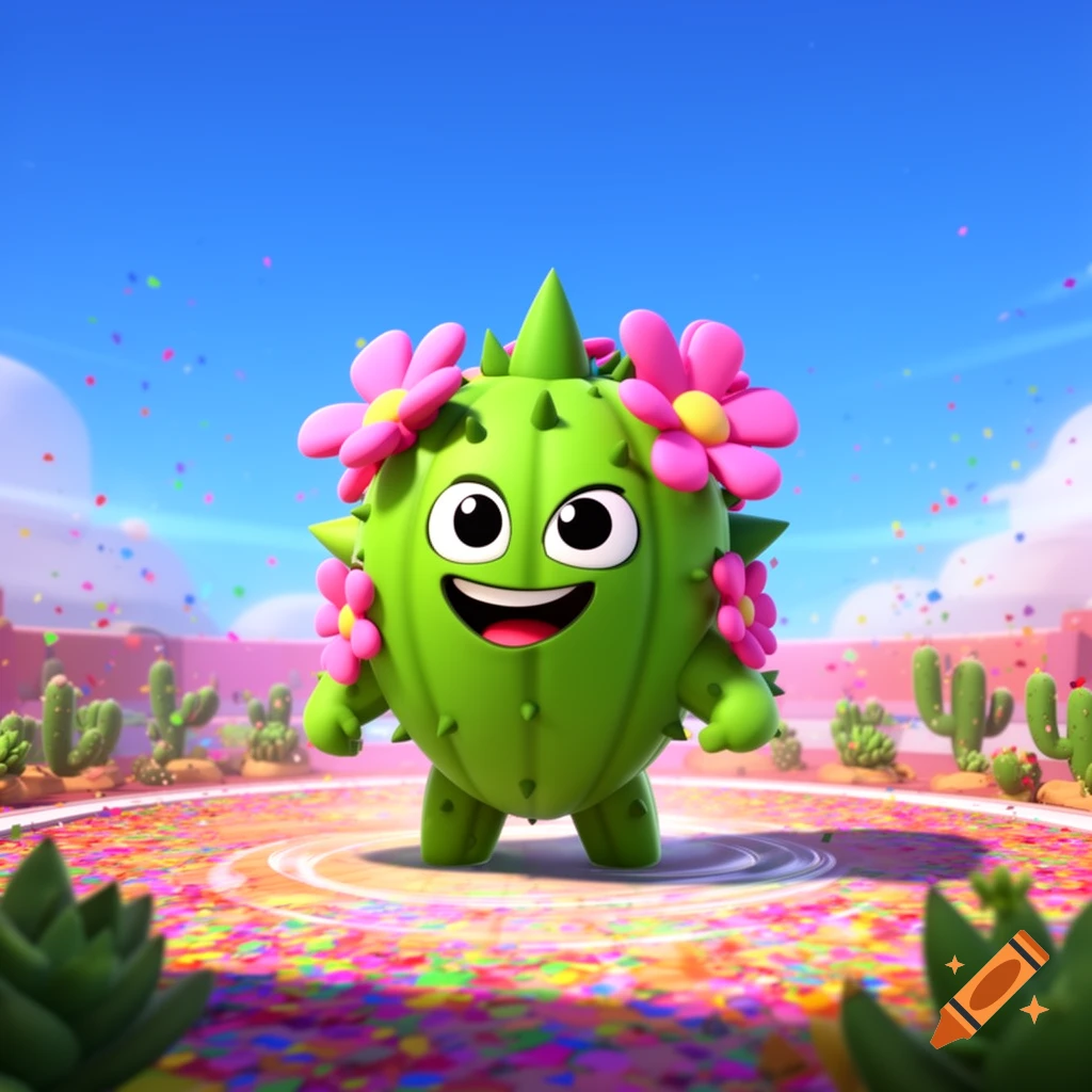 A happy, green cartoon cactus character wearing pink flowers stands in a confetti-filled desert arena.