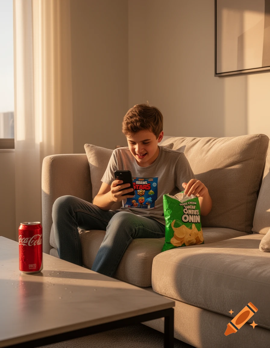 A young person on a couch looks at a phone, holding a bag of chips with a Coca-Cola can on a table nearby, in a sunlit room.