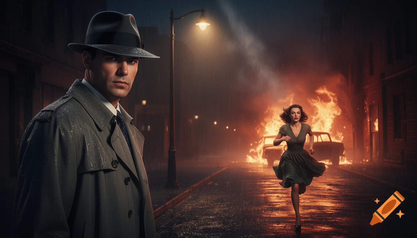 A man in a fedora and trench coat on a rainy street, looking at the viewer, as a woman runs from a burning car, film noir style.