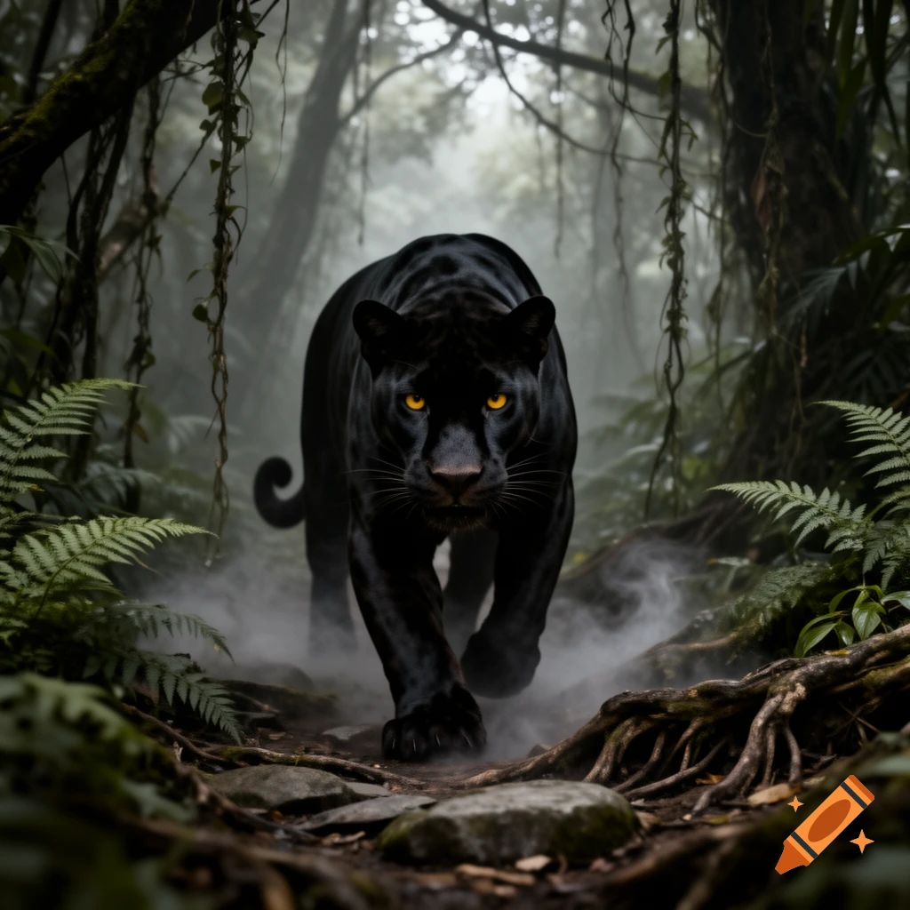 A majestic black panther with glowing yellow eyes strides through a misty, dark jungle path, looking directly forward.