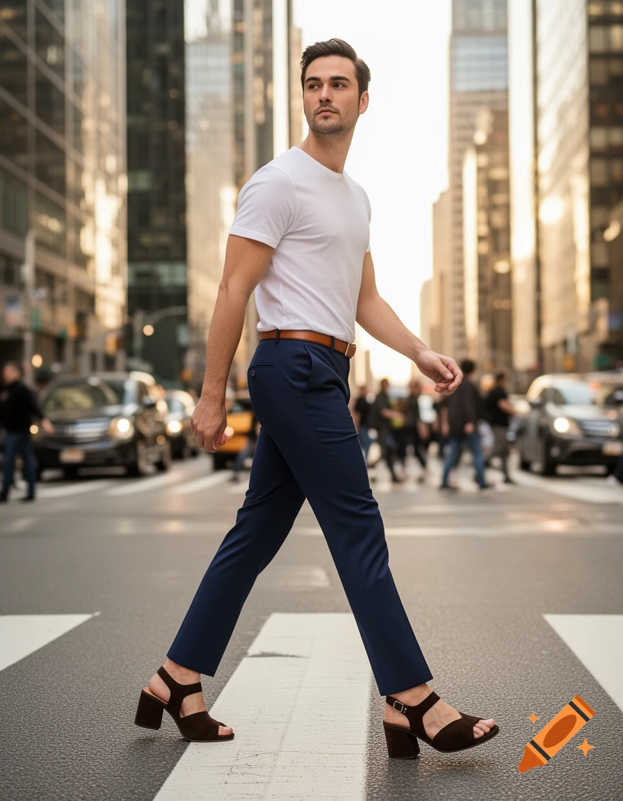 A photorealistic image of a man walking across a city crosswalk. He wears a white t-shirt, navy trousers, and dark brown block heel sandals.