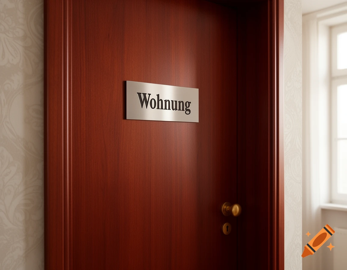 A close-up of a brown wooden door with a silver rectangular sign that reads "Wohnung" (Apartment) in black lettering. A brass doorknob and keyhole are visible below the sign. The background shows textured wallpaper and a window.