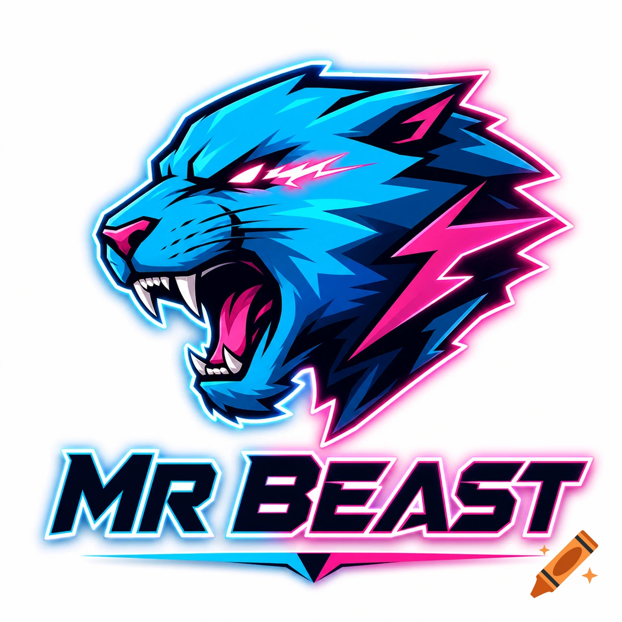 A neon blue and pink stylized panther head logo with glowing eyes, over the text "MR BEAST" in a matching font.