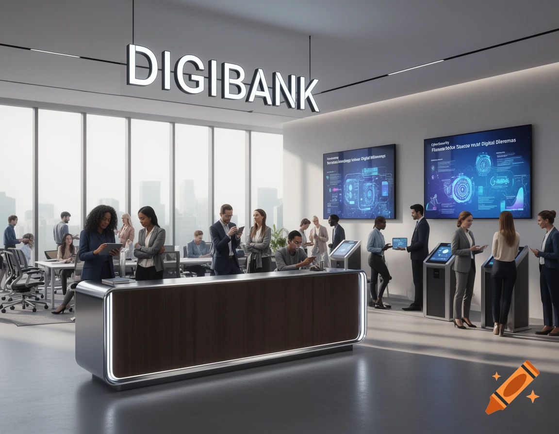 A modern, bright bank lobby with a large "DIGIBANK" sign, featuring diverse professionals interacting with digital kiosks and tablets.