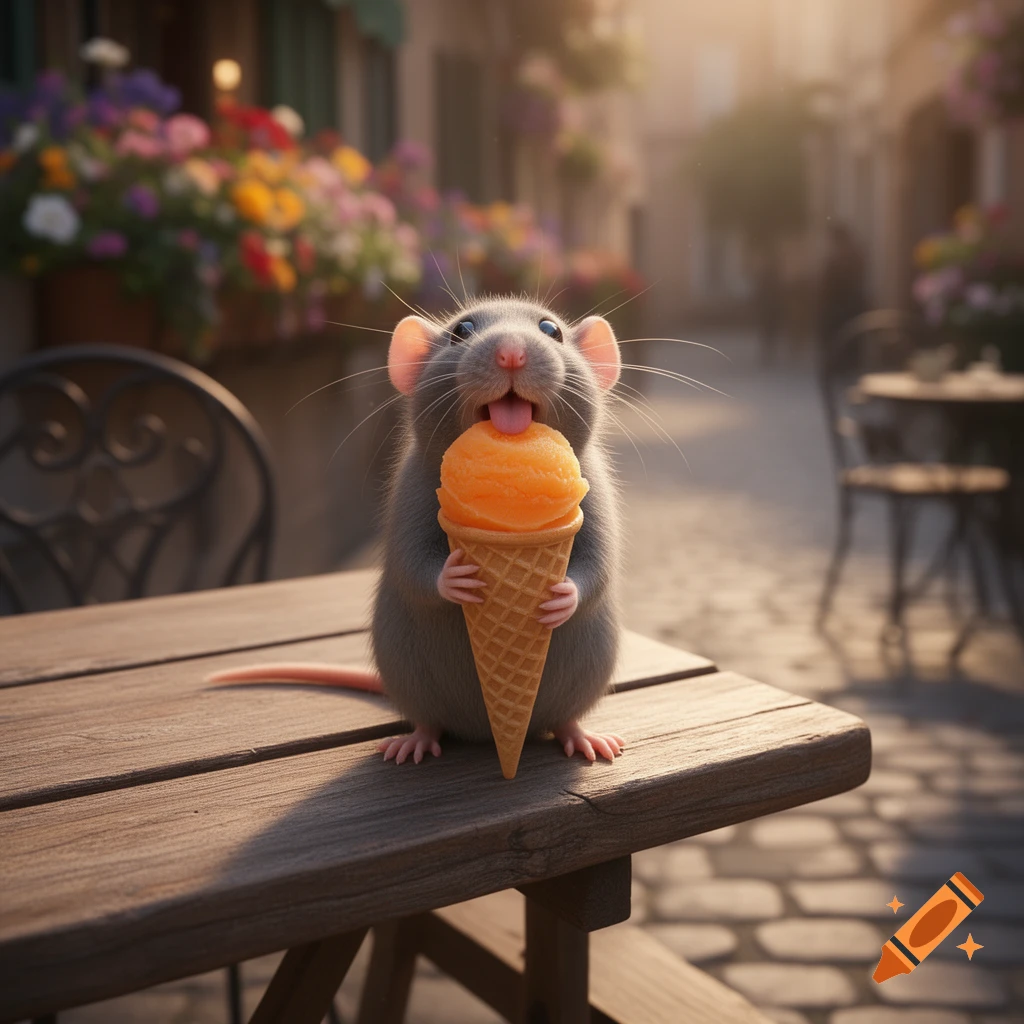 A cute grey rat with its tongue out eagerly eating an orange ice cream cone at an outdoor cafe table, photorealistic style.