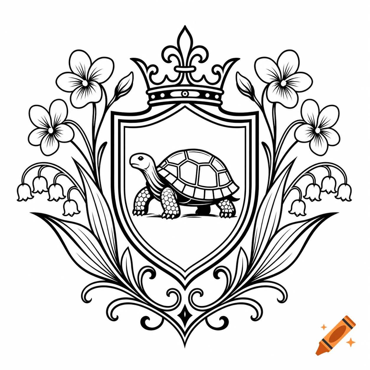 A black and white crest with a crowned shield featuring a turtle, flanked by lilies of the valley and violets.