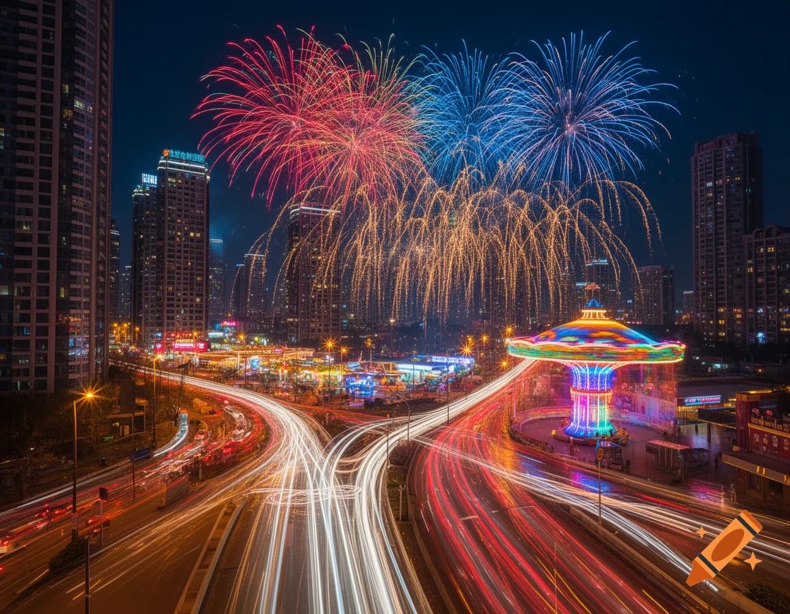 A vibrant long-exposure night cityscape with red and blue fireworks over skyscrapers, glowing car light trails on highways, and a brightly lit spinning carousel.