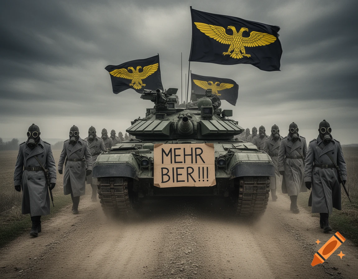 Photorealistic image of soldiers in gas masks marching with a tank displaying a 'MEHR BIER!!!' sign and black flags with yellow two-headed eagles.