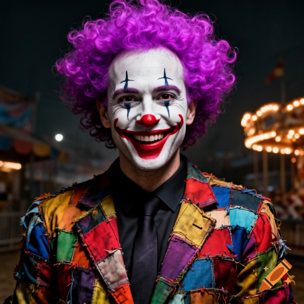 A smiling man in clown makeup with purple curly hair and a colorful patchwork jacket stands in a carnival setting.